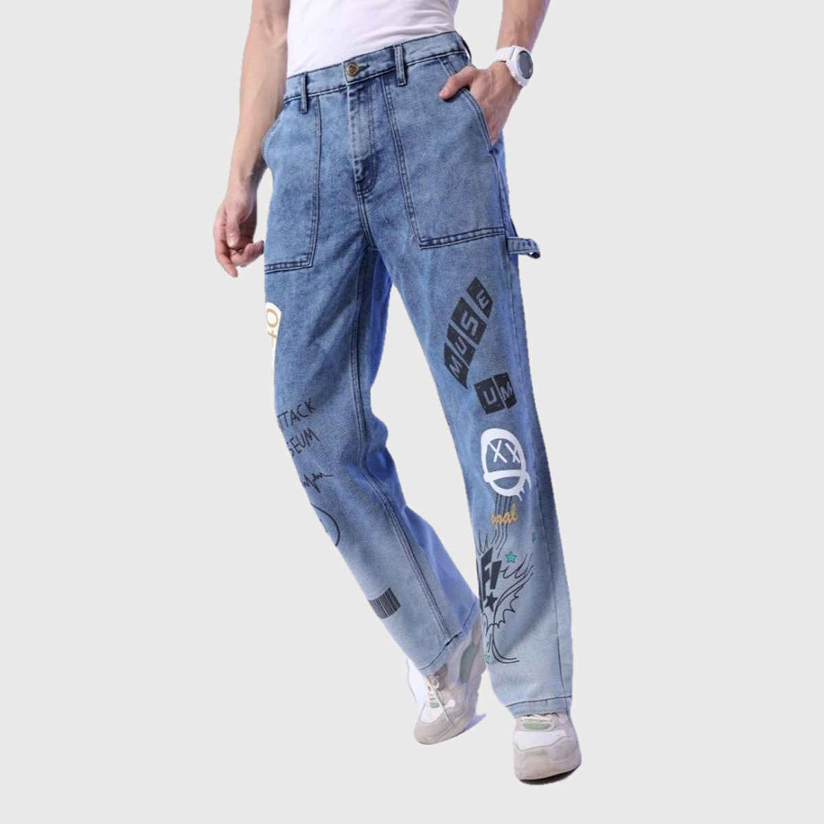 The Indian Garage Co Men's G371 Baggy Fit Solid Casual Jeans | Blue | 34