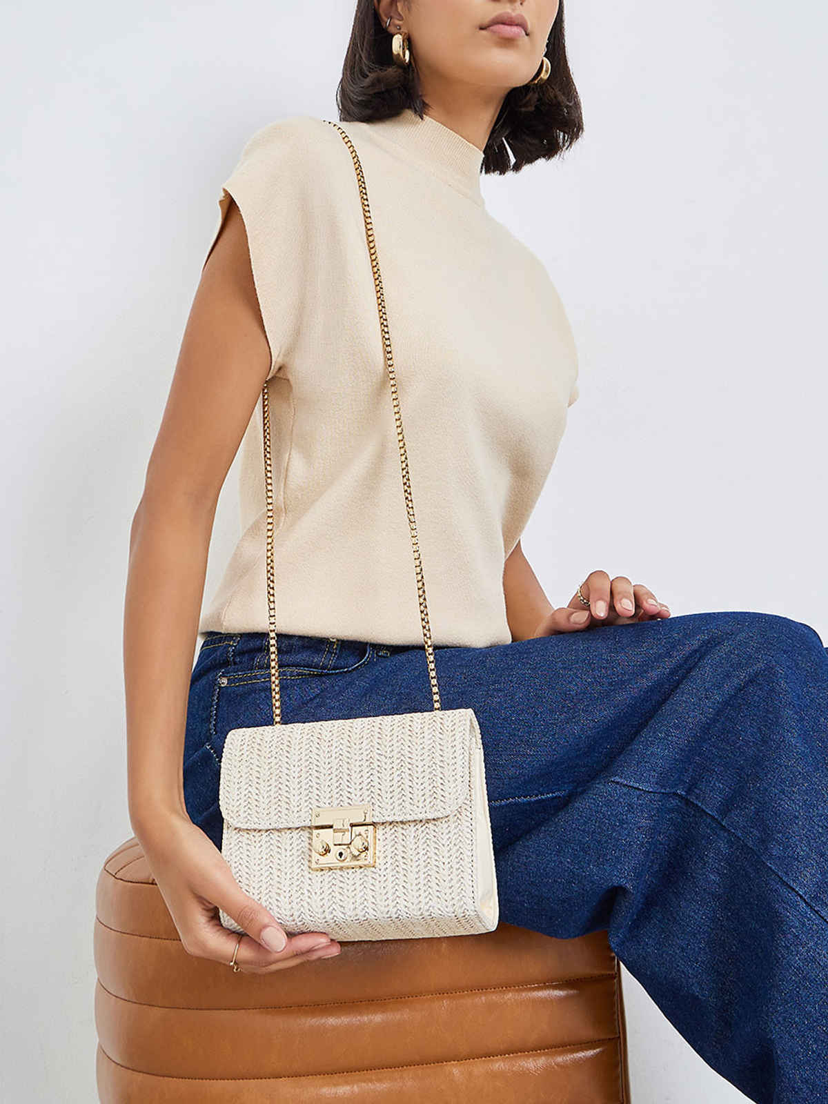 Styli Women's Textured Sling Bag with Chain Strap | Off White