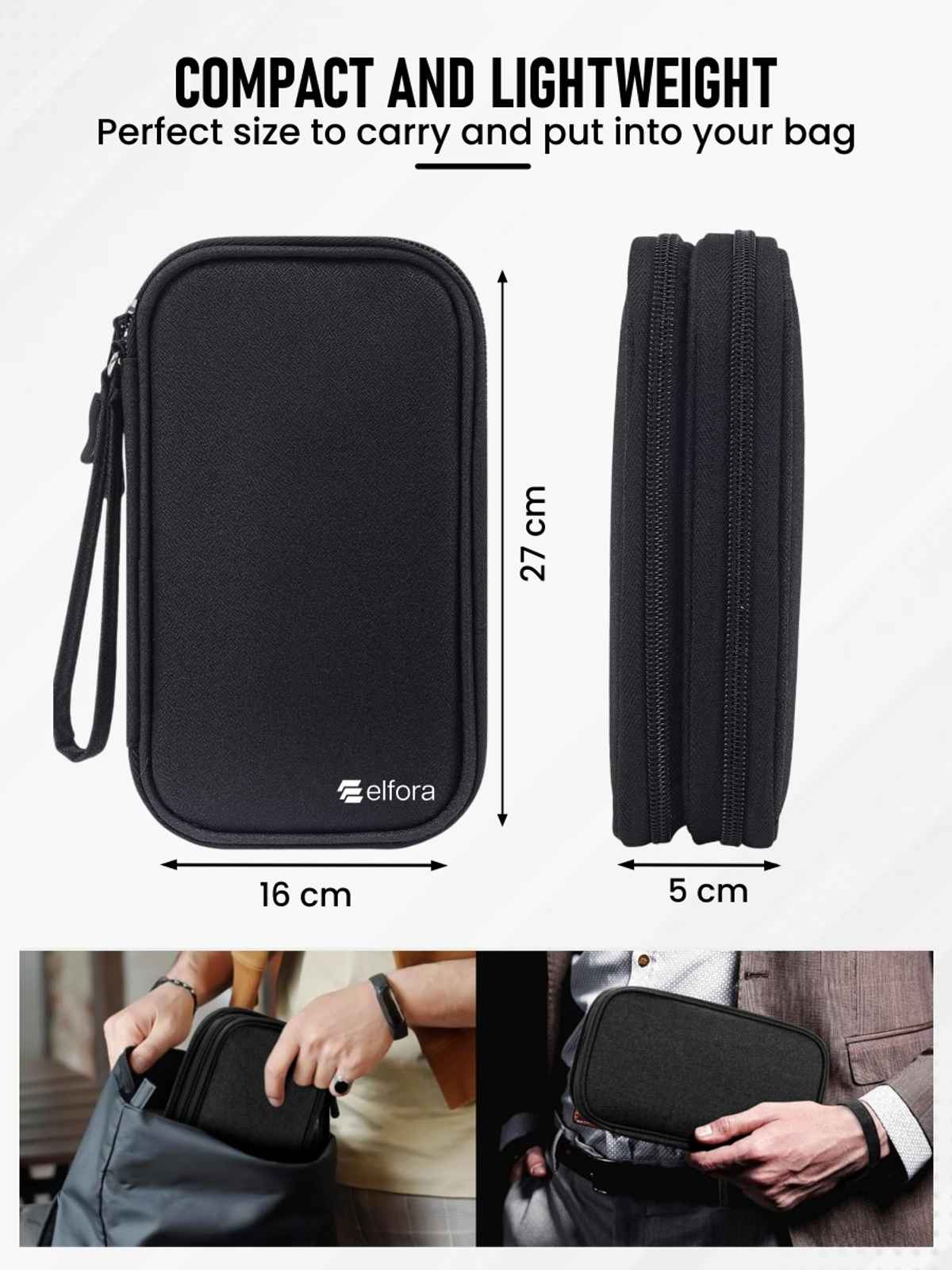 Elfora Big Cable Organizer Bag Double Layer Travel Storage | Black - 27 x 16 cm