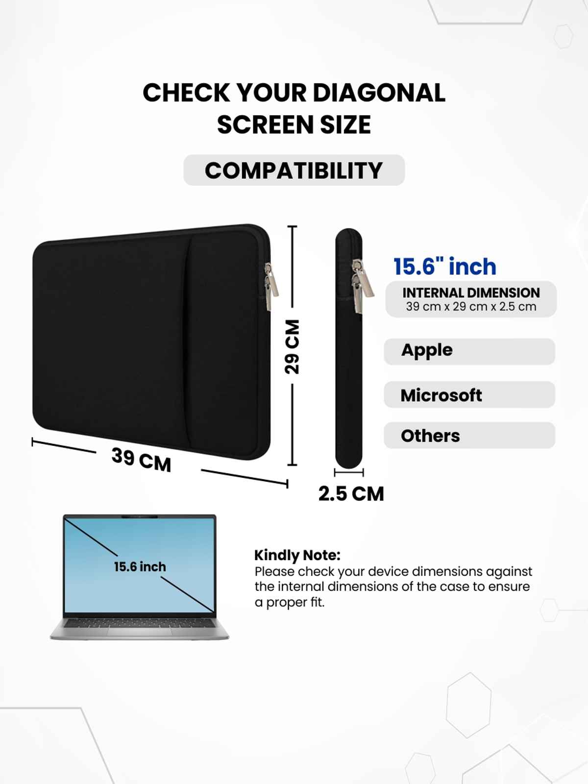 Dyazo Shockproof Neoprene Laptop Sleeve with Pocket | 15.6 Inch | Black