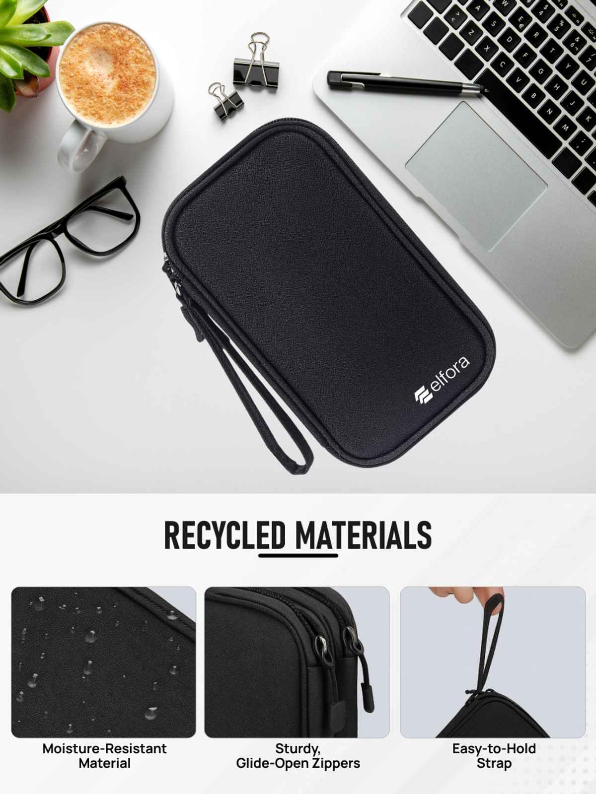 Elfora Big Cable Organizer Bag Double Layer Travel Storage | Black - 27 x 16 cm