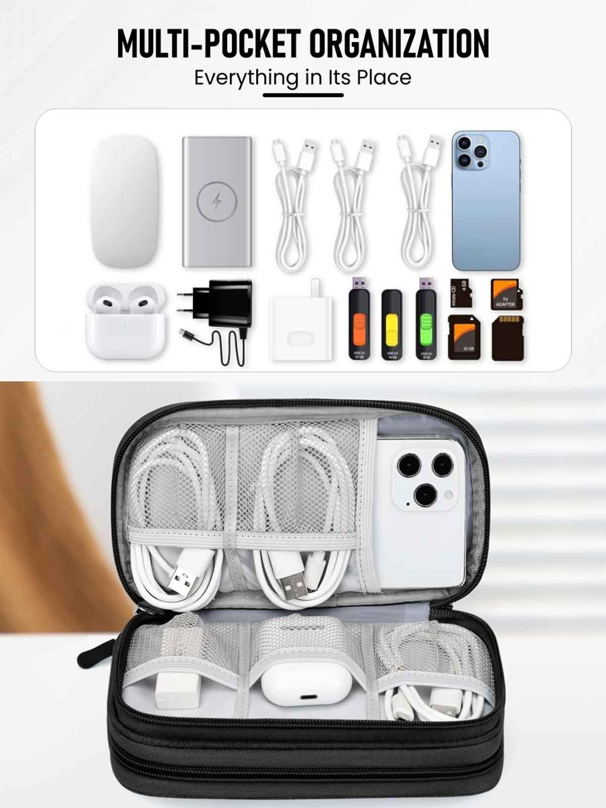 Elfora Big Cable Organizer Bag Double Layer Travel Storage | Black - 27 x 16 cm