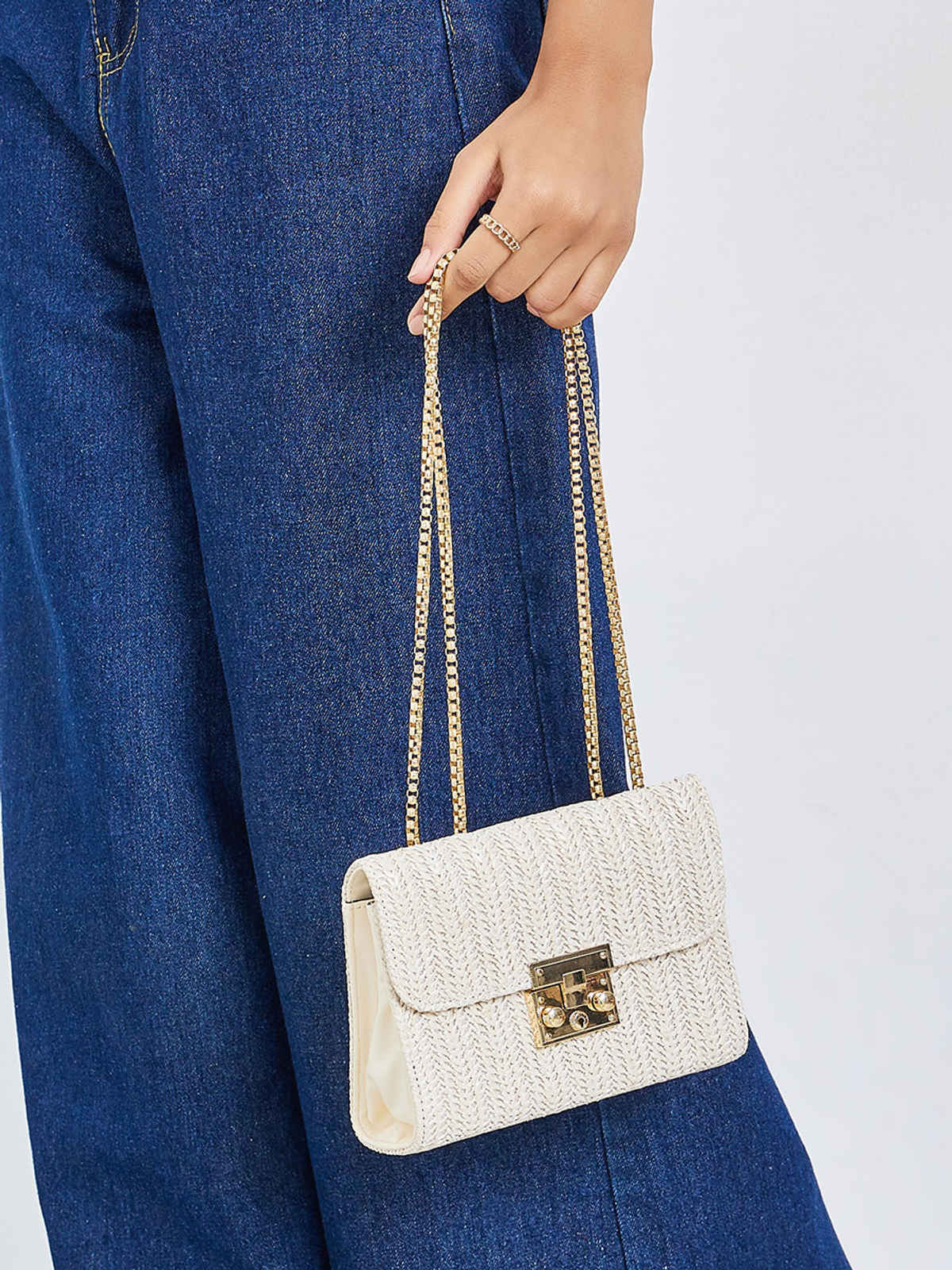 Styli Women's Textured Sling Bag with Chain Strap | Off White