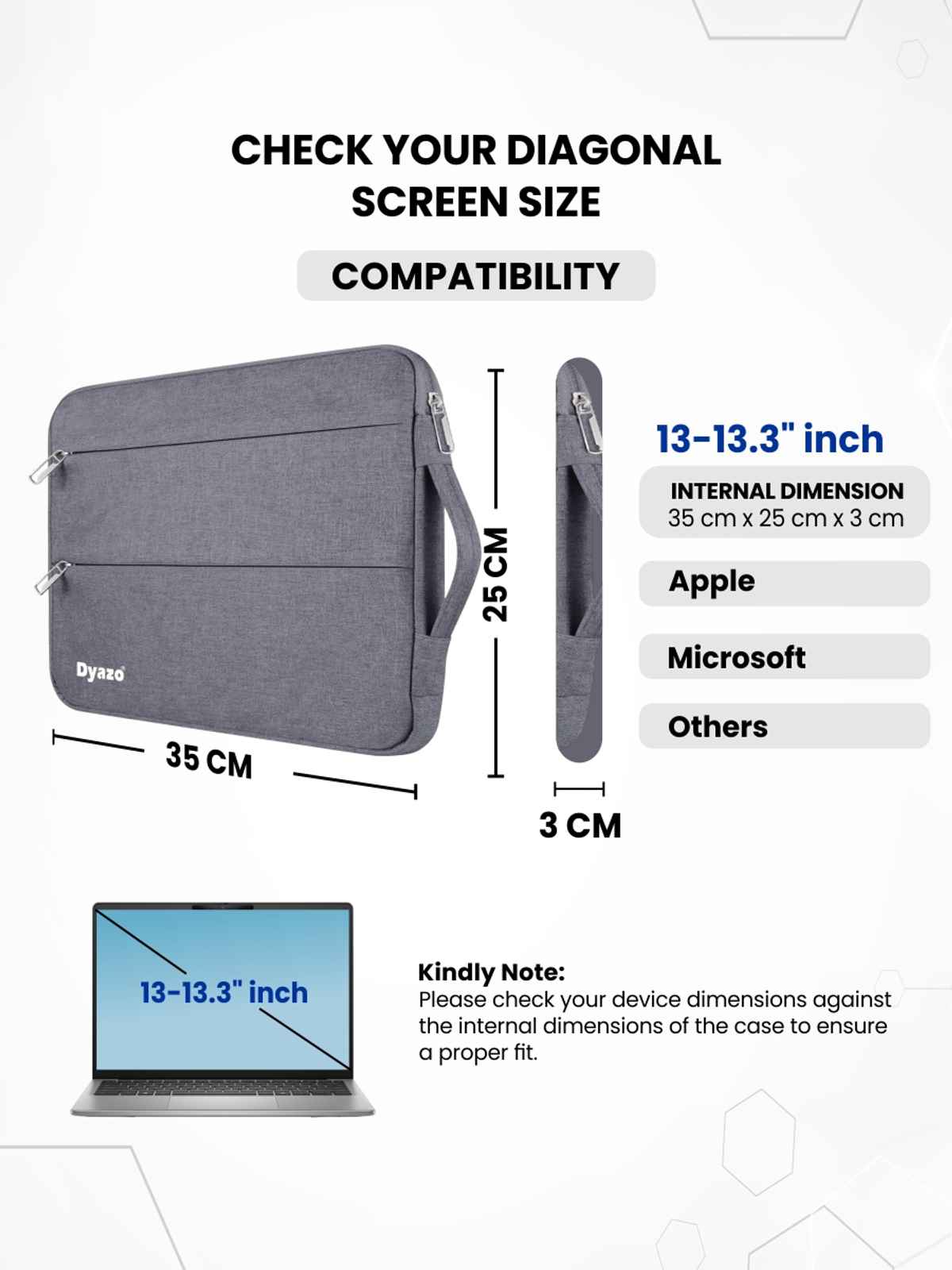 Dyazo Laptop Sleeve with Handle for MacBook and Other Laptops | 13.3 Inch | Grey