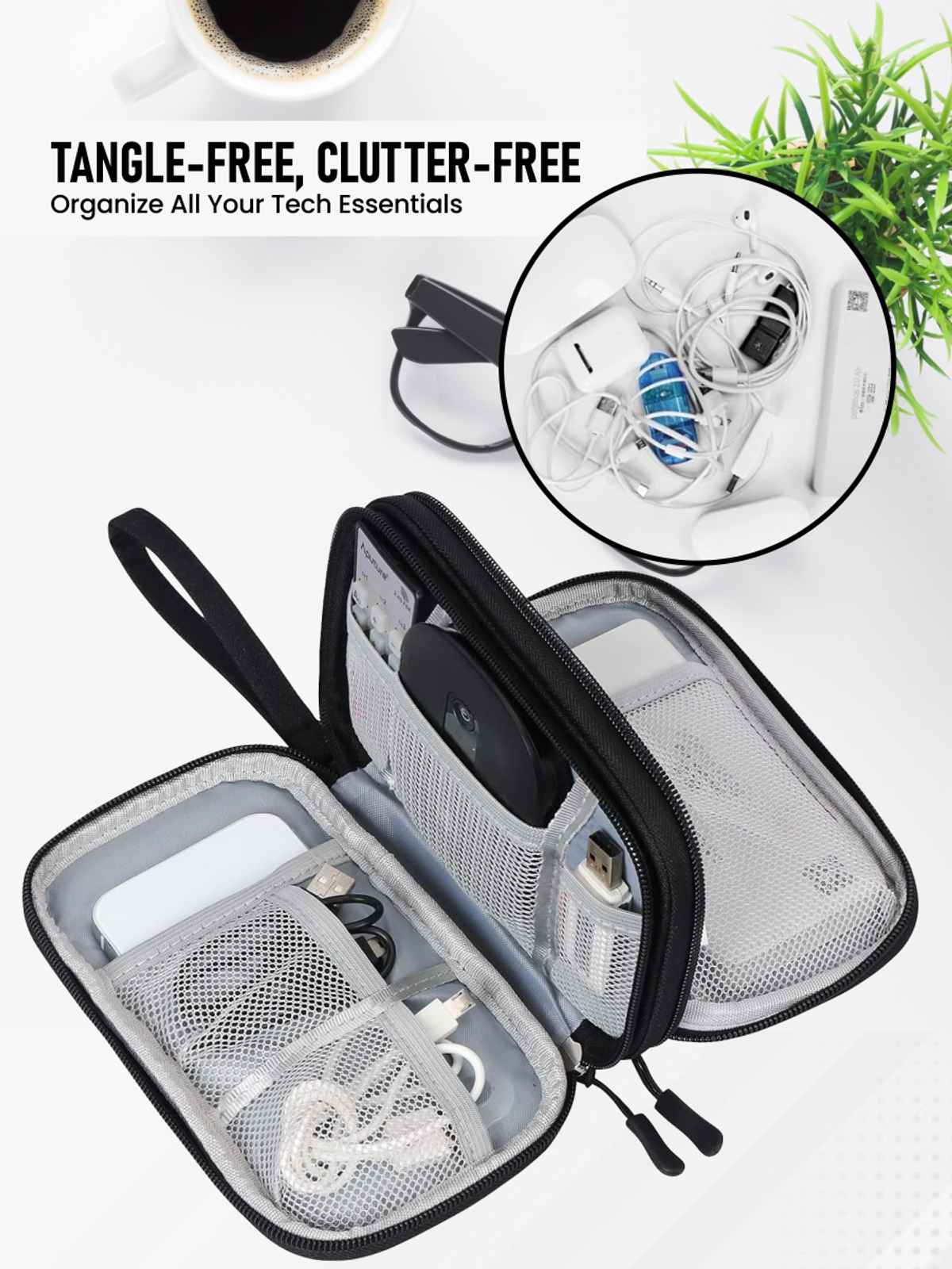 Elfora Big Cable Organizer Bag Double Layer Travel Storage | Black - 27 x 16 cm