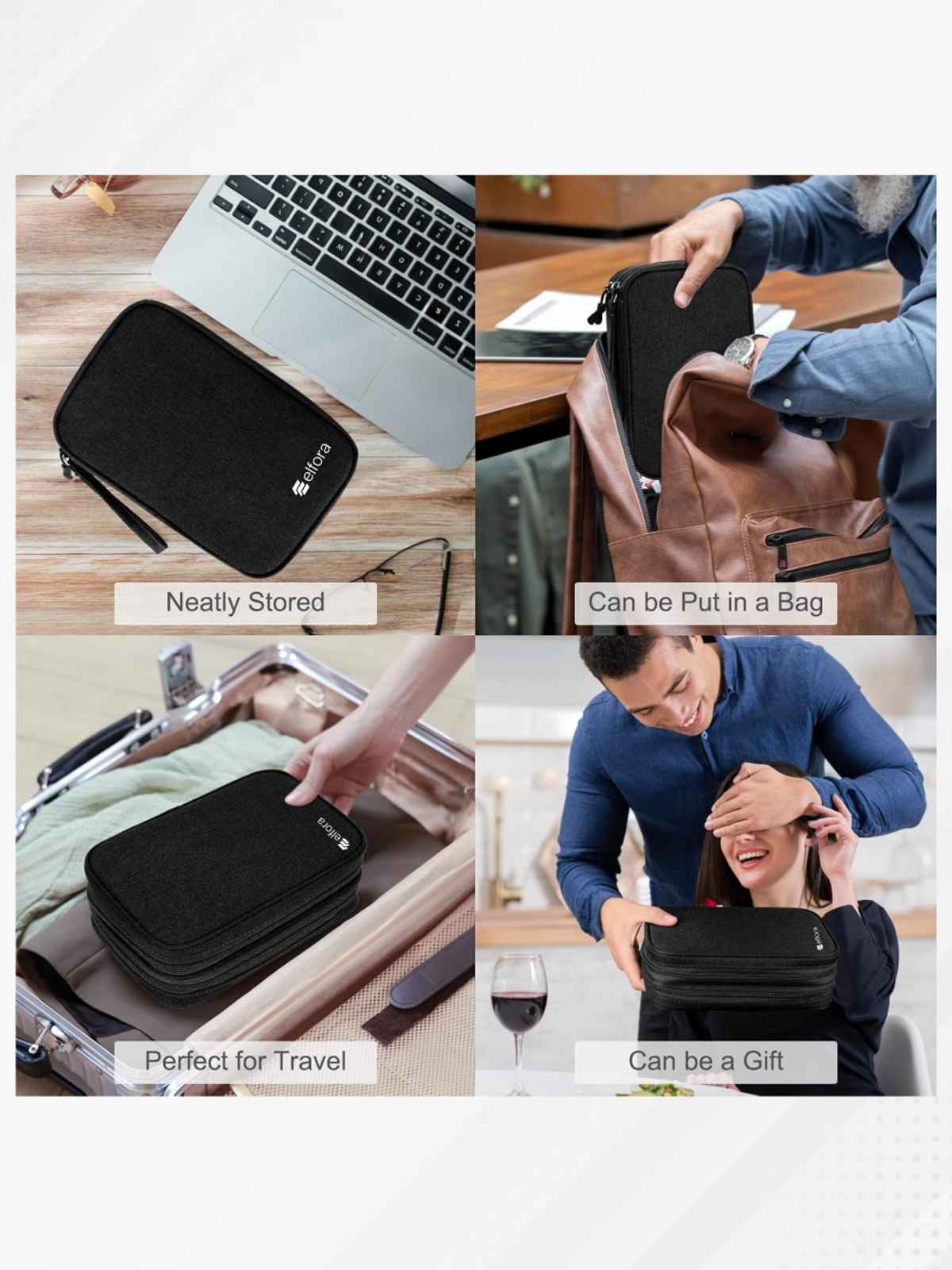 Elfora Big Cable Organizer Bag Double Layer Travel Storage | Black - 27 x 16 cm