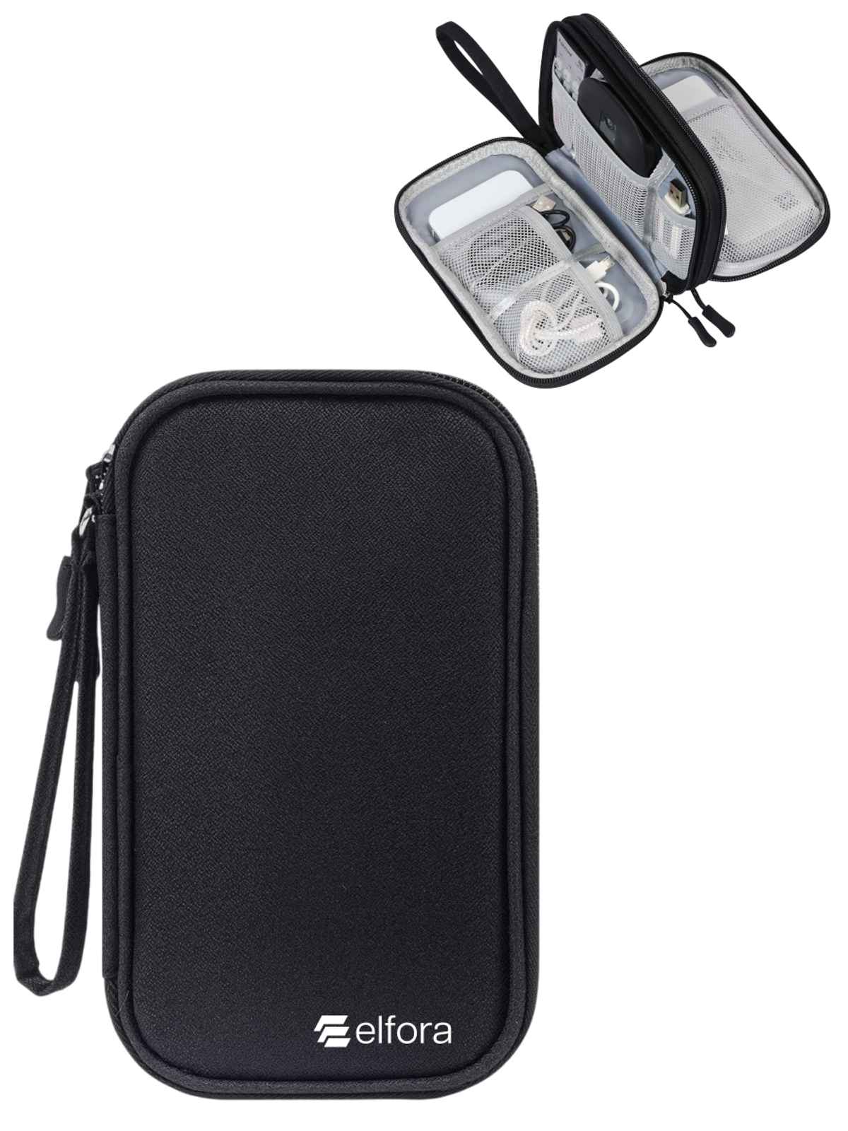 Elfora Big Cable Organizer Bag Double Layer Travel Storage | Black - 27 x 16 cm