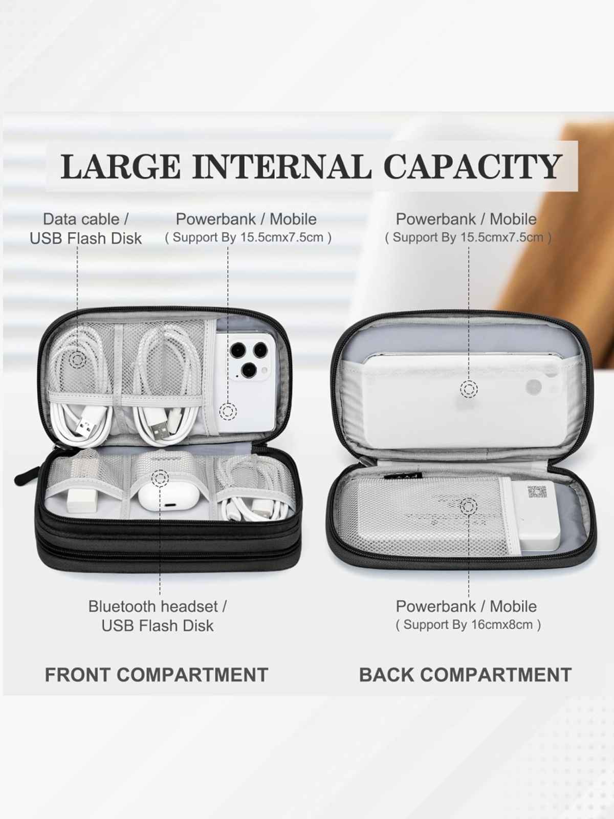 Elfora Big Cable Organizer Bag Double Layer Travel Storage | Black - 27 x 16 cm