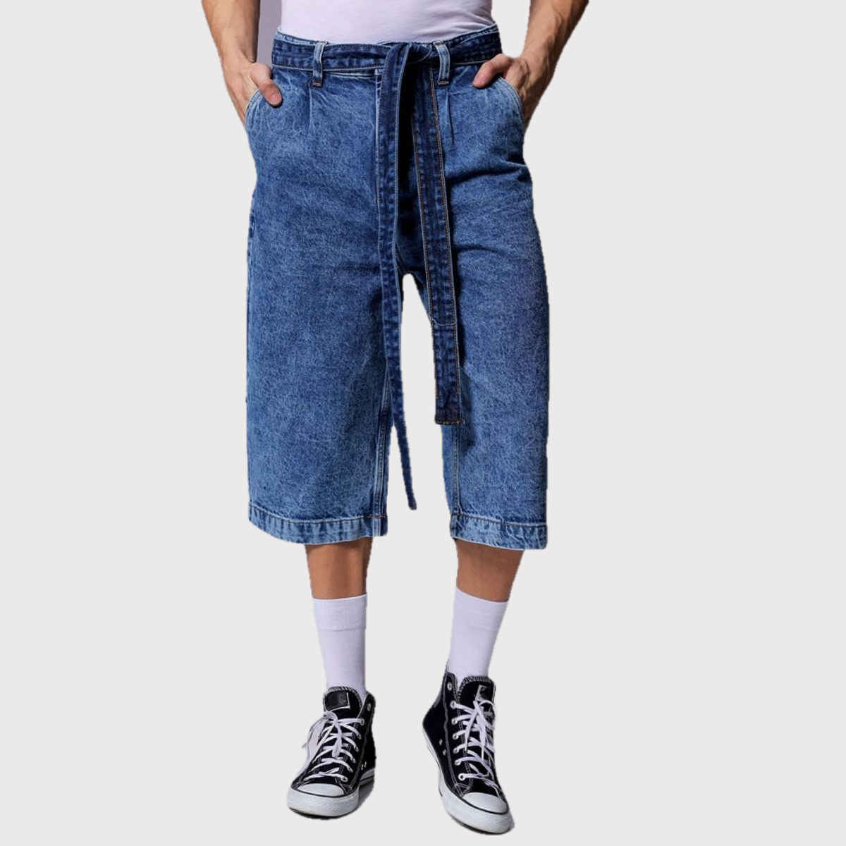 The Indian Garage Co Men's Loose Solid Street Capri Jeans | Blue - 32