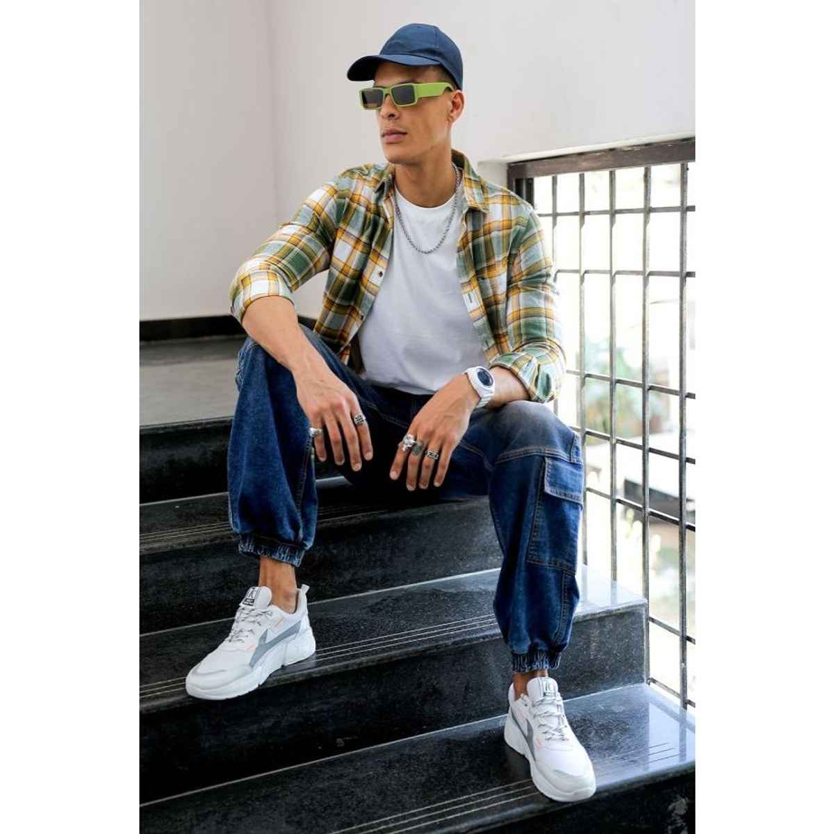 The Indian Garage Co Men's Loose Fit Solid Casual Denim Joggers | Midnight Blue | 34