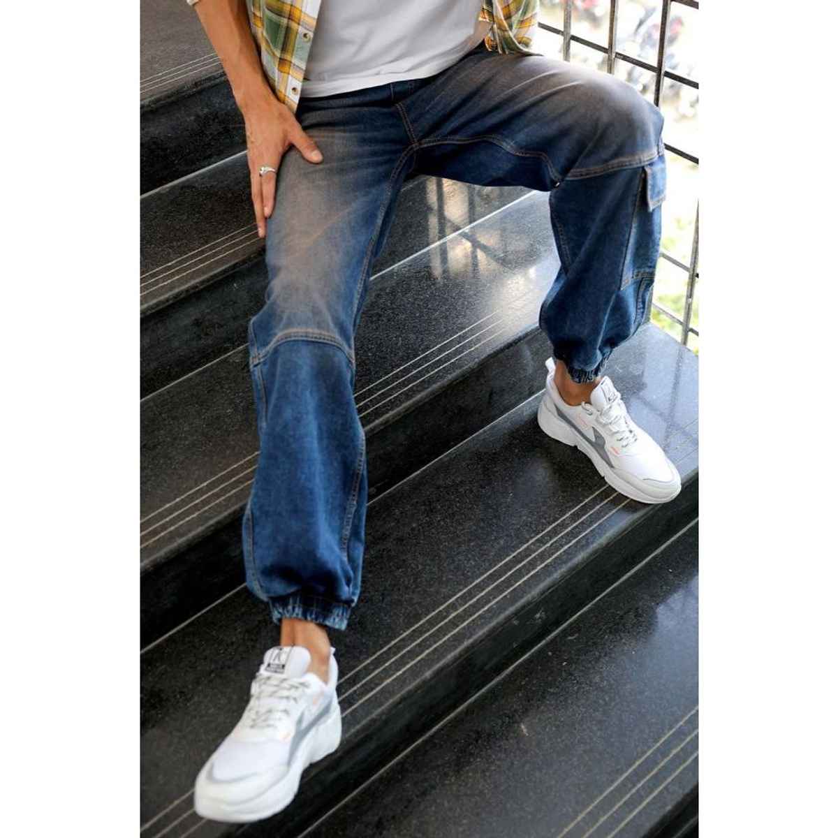 The Indian Garage Co Men's Loose Fit Solid Casual Denim Joggers | Midnight Blue | 34