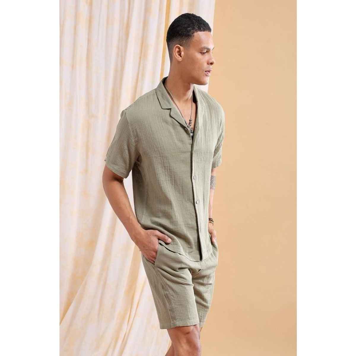 The Indian Garage Co Men | Regular Solid Resort Shirt And Boxers | Sage Green | M