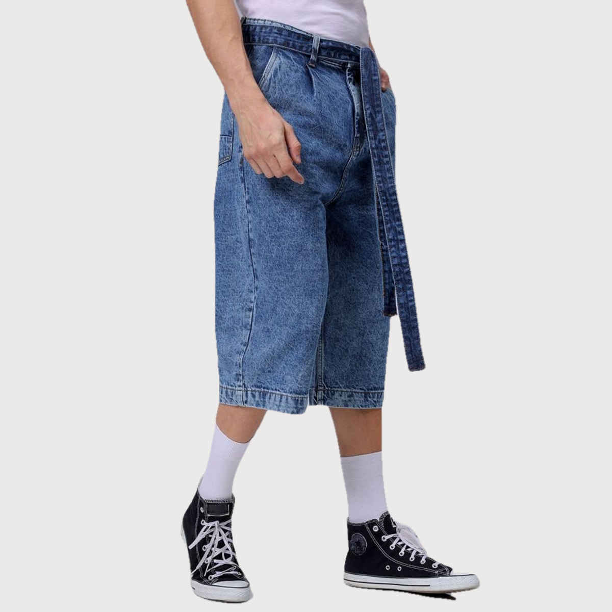 The Indian Garage Co Men's Loose Solid Street Capri Jeans | Blue - 32