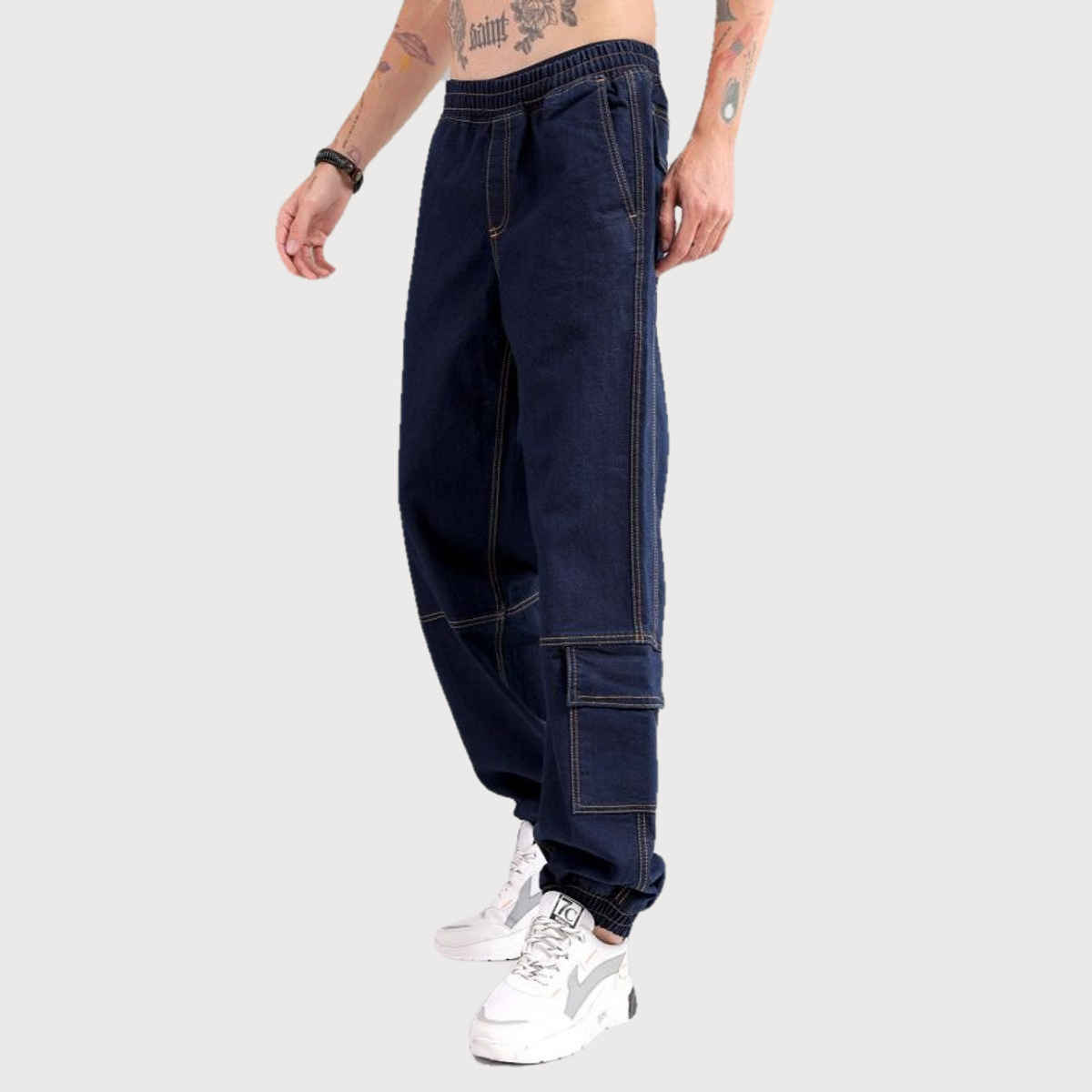 The Indian Garage Co Men's Loose Fit Solid Casual Denim Joggers | Navy | 32