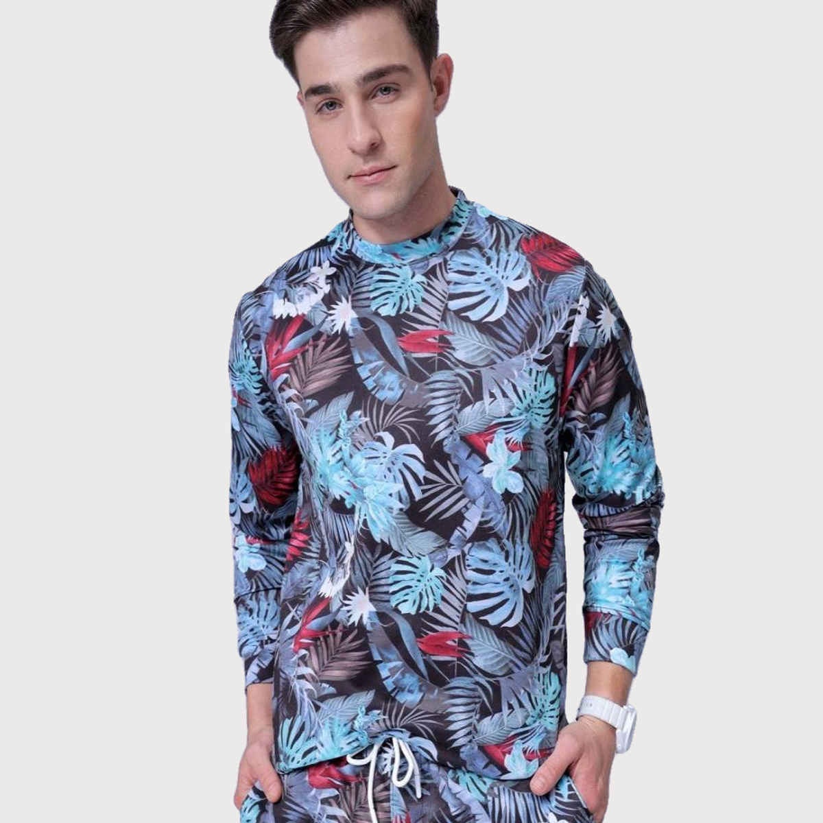 The Indian Garage Co Men | Regular Fit Tropical Casual Crew Neck Sweatshirt & Shorts | Black | 2XL
