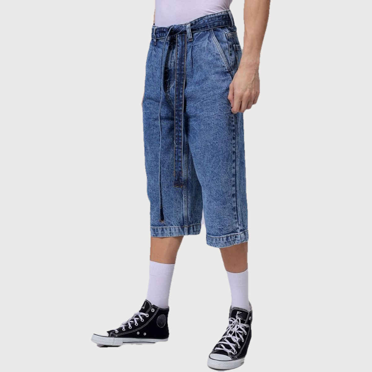 The Indian Garage Co Men's Loose Solid Street Capri Jeans | Blue - 32