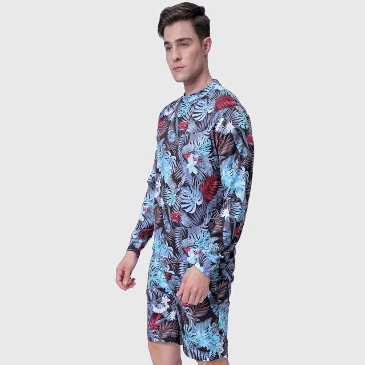 The Indian Garage Co Men | Regular Fit Tropical Casual Crew Neck Sweatshirt & Shorts | Black | 2XL