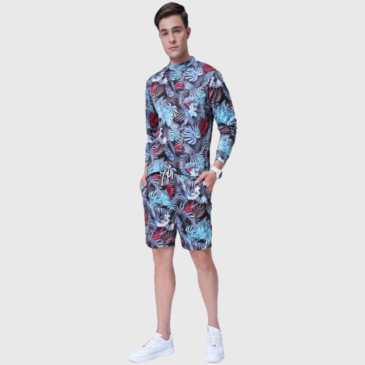 The Indian Garage Co Men | Regular Fit Tropical Casual Crew Neck Sweatshirt & Shorts | Black | 2XL