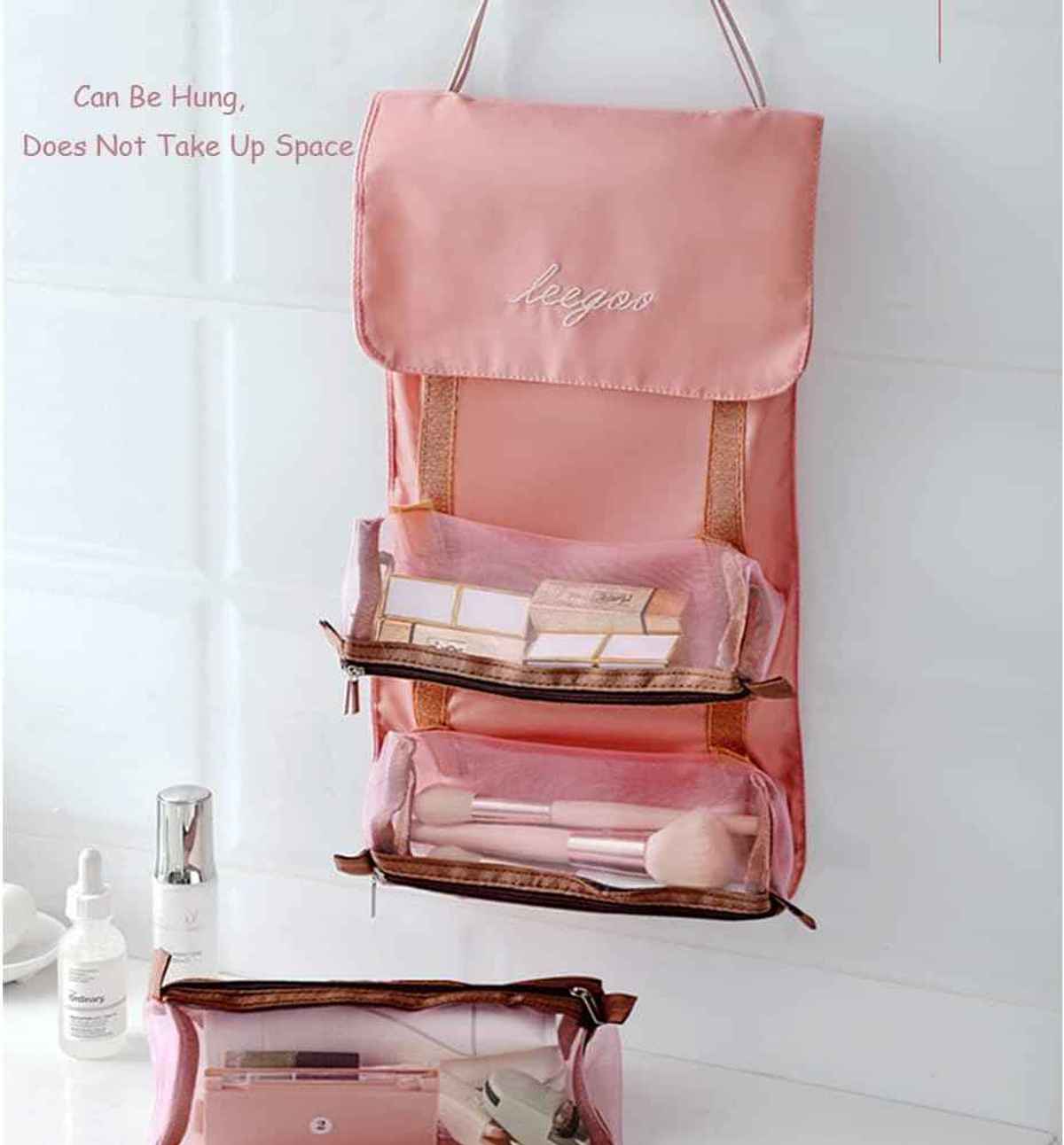 Awestuffs 4 in 1 Hanging Roll Up Toiletry Makeup Bag Waterproof Travel Organizer | Pink