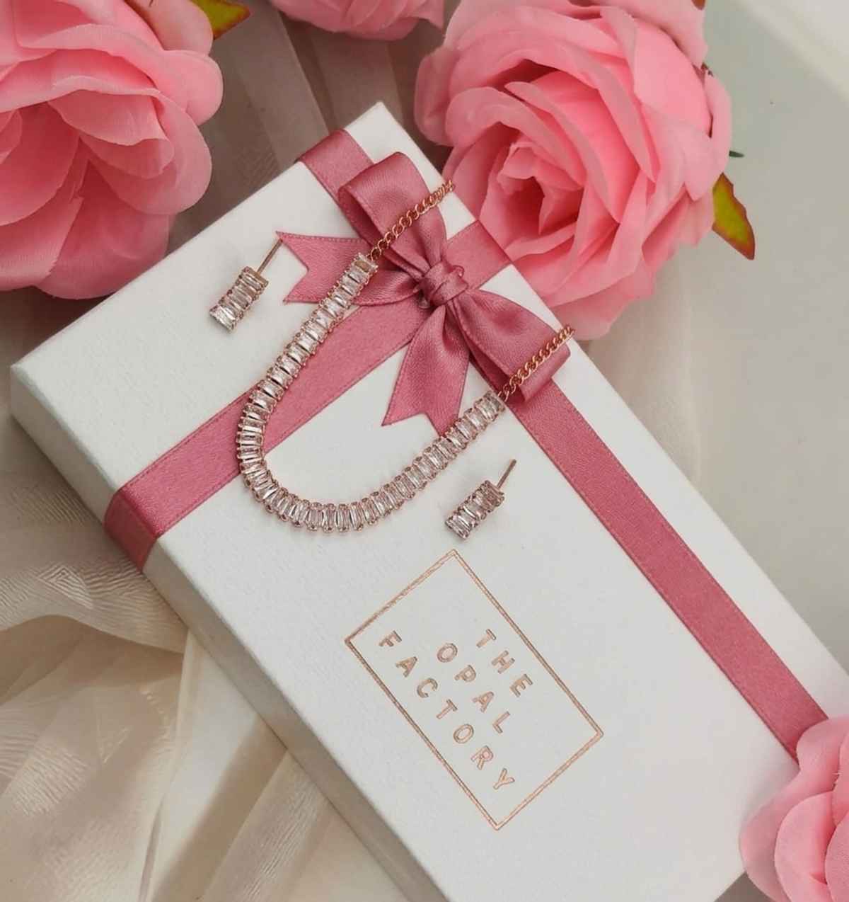 The Opal Factory Baguette Diamante Necklace Set with Roses | Rose Gold | Rakhi Gifts