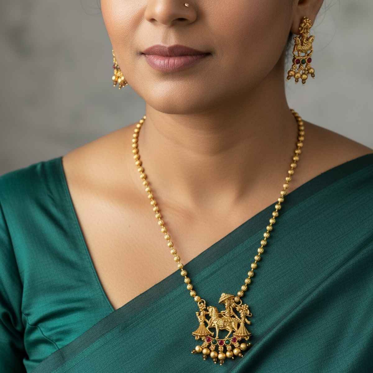 The Opal Factory Necklace Set Long in Golden Chain Barati Pendant with Ghungroo and Earrings | Gold