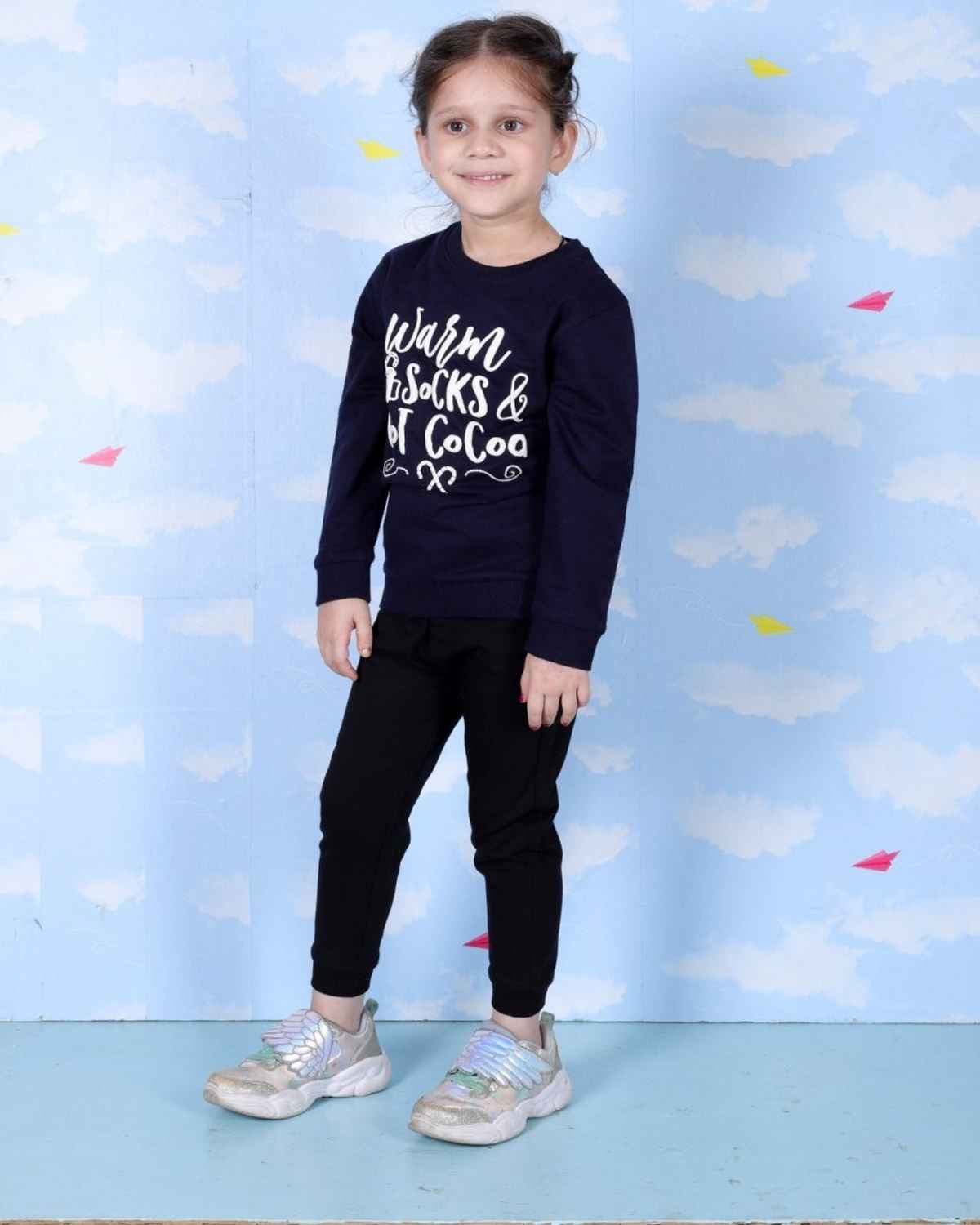The Mom Store Girls Warm Socks And Hot Cocoa Sweatshirt | Kww-An-Wshc | Navy | 3-4 Years