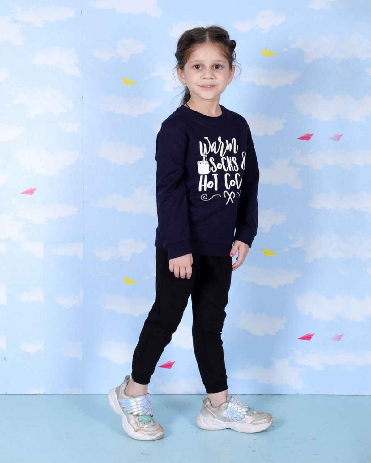 The Mom Store Girls Warm Socks And Hot Cocoa Sweatshirt | Kww-An-Wshc | Navy | 5-6 Years