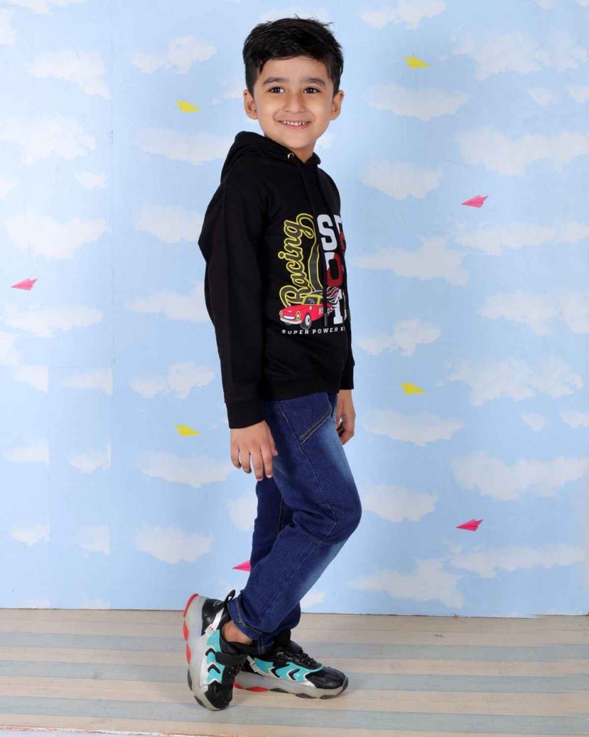 The Mom Store Boys Racing Sport Hooded Sweatshirt | Kww-An-Bwzh | Black | 2-3 Years