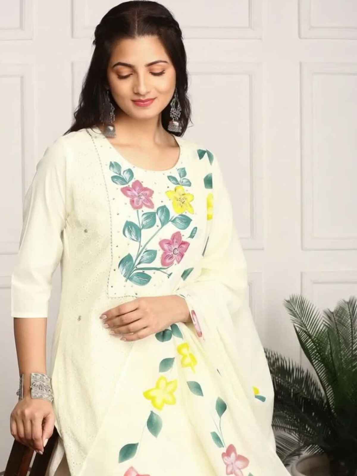 Ishin Women's Kurta Set Cotton with Dupatta | Off White - XL