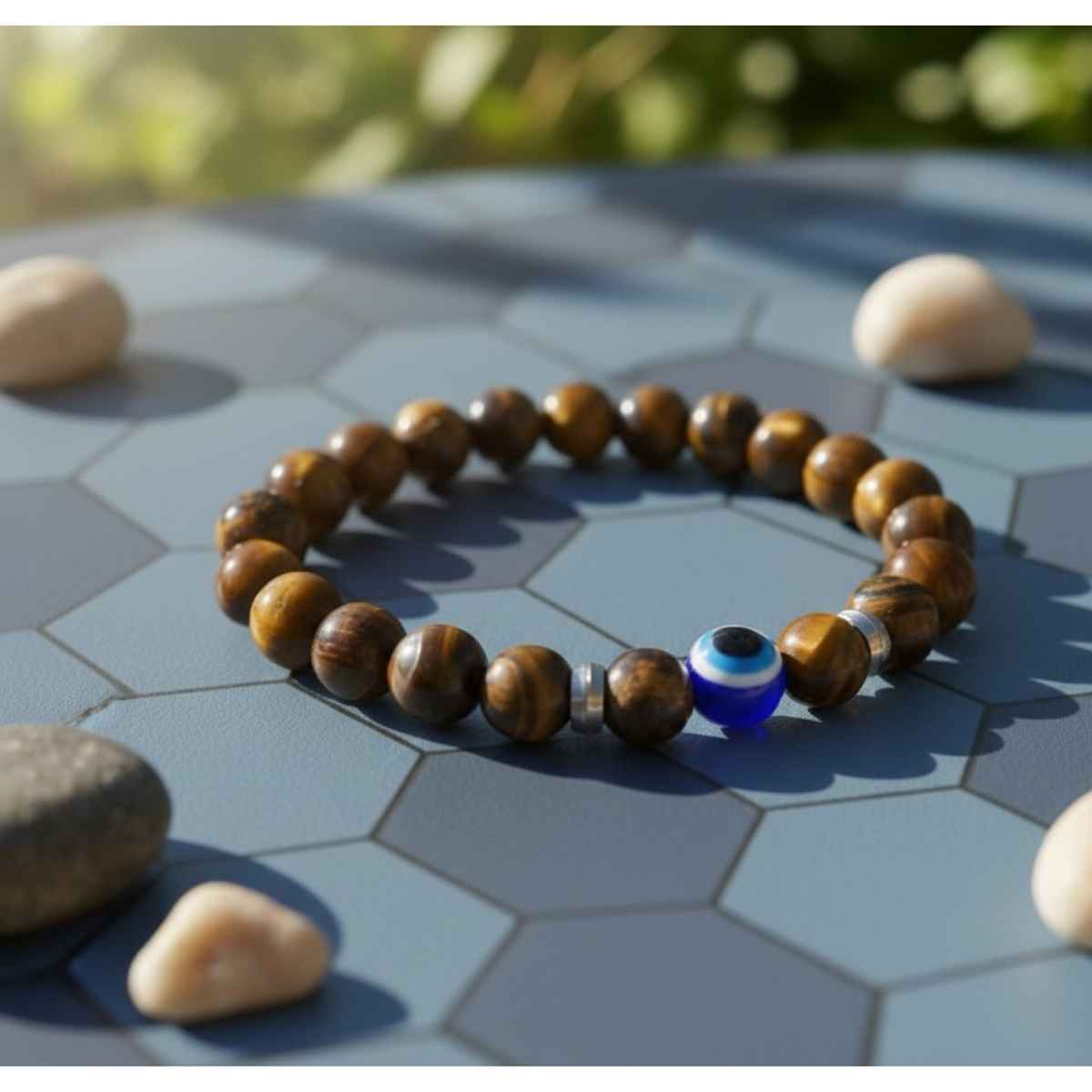 The Opal Factory Men's Jewelry Tiger Eye Bracelet with Evil Eye Bead | Bangle-286 | Brown