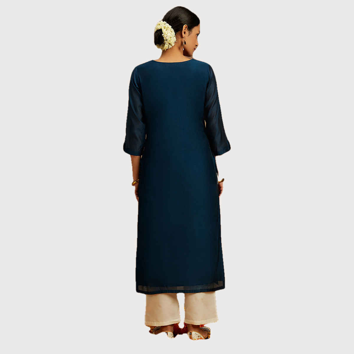 Libas Women Teal Blue Chanderi Silk Thread Work Straight Kurta - 58007M