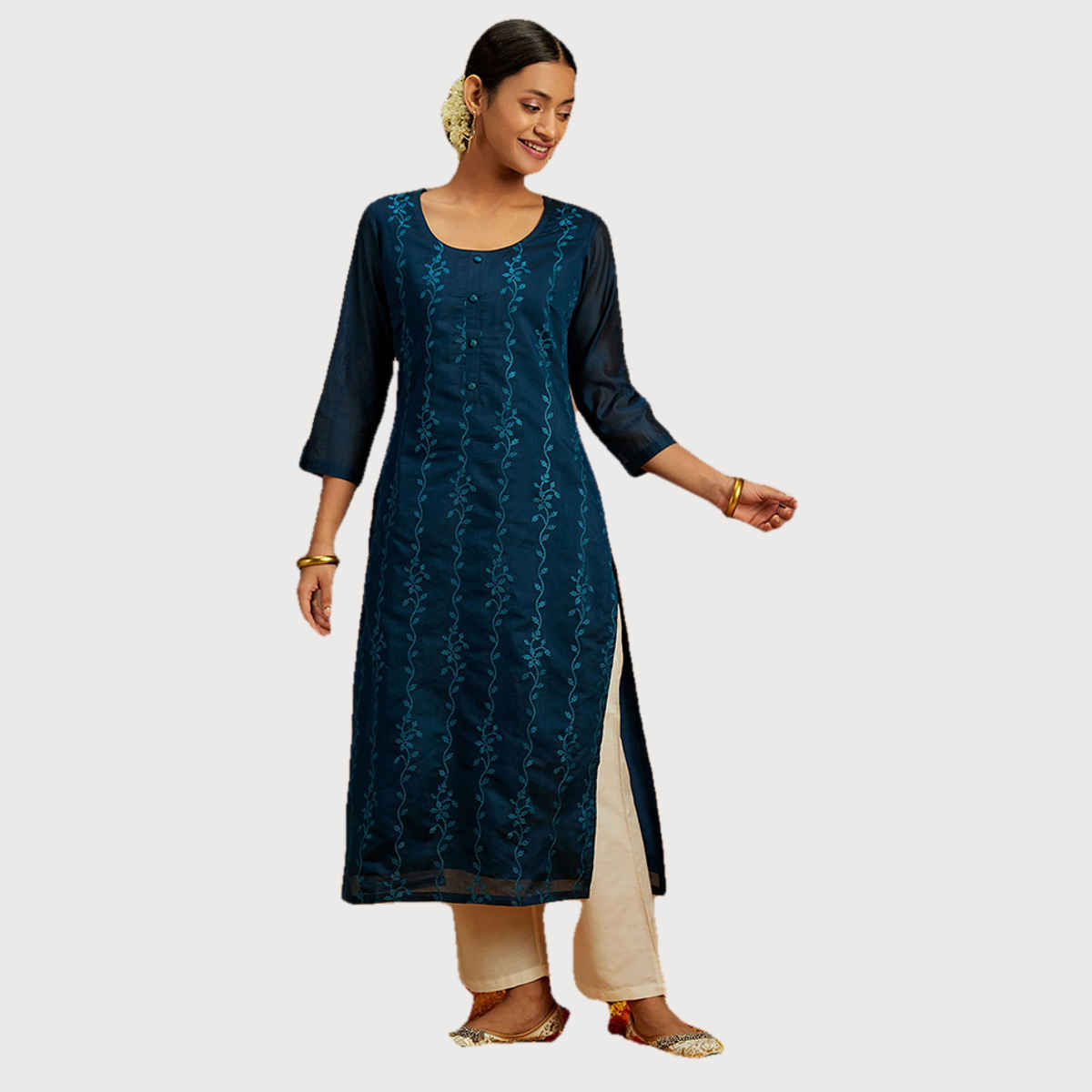 Libas Women Teal Blue Chanderi Silk Thread Work Straight Kurta - 58007M