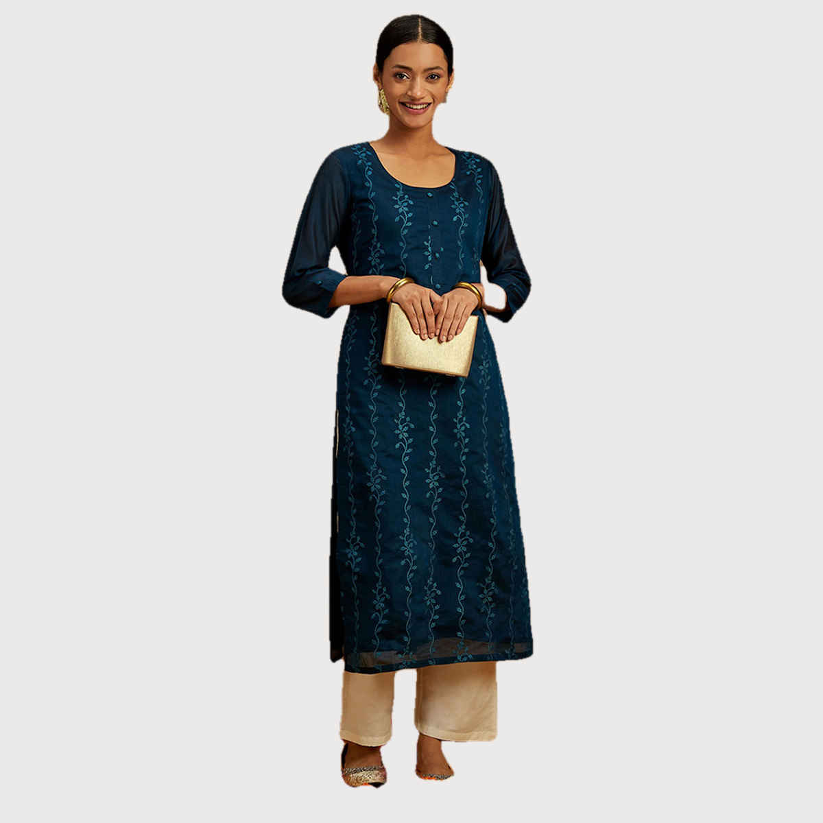 Libas Women Teal Blue Chanderi Silk Thread Work Straight Kurta - 58007M