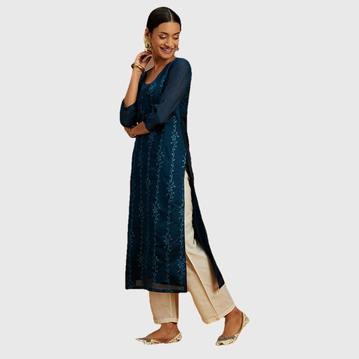 Libas Women Teal Blue Chanderi Silk Thread Work Straight Kurta - 58007M