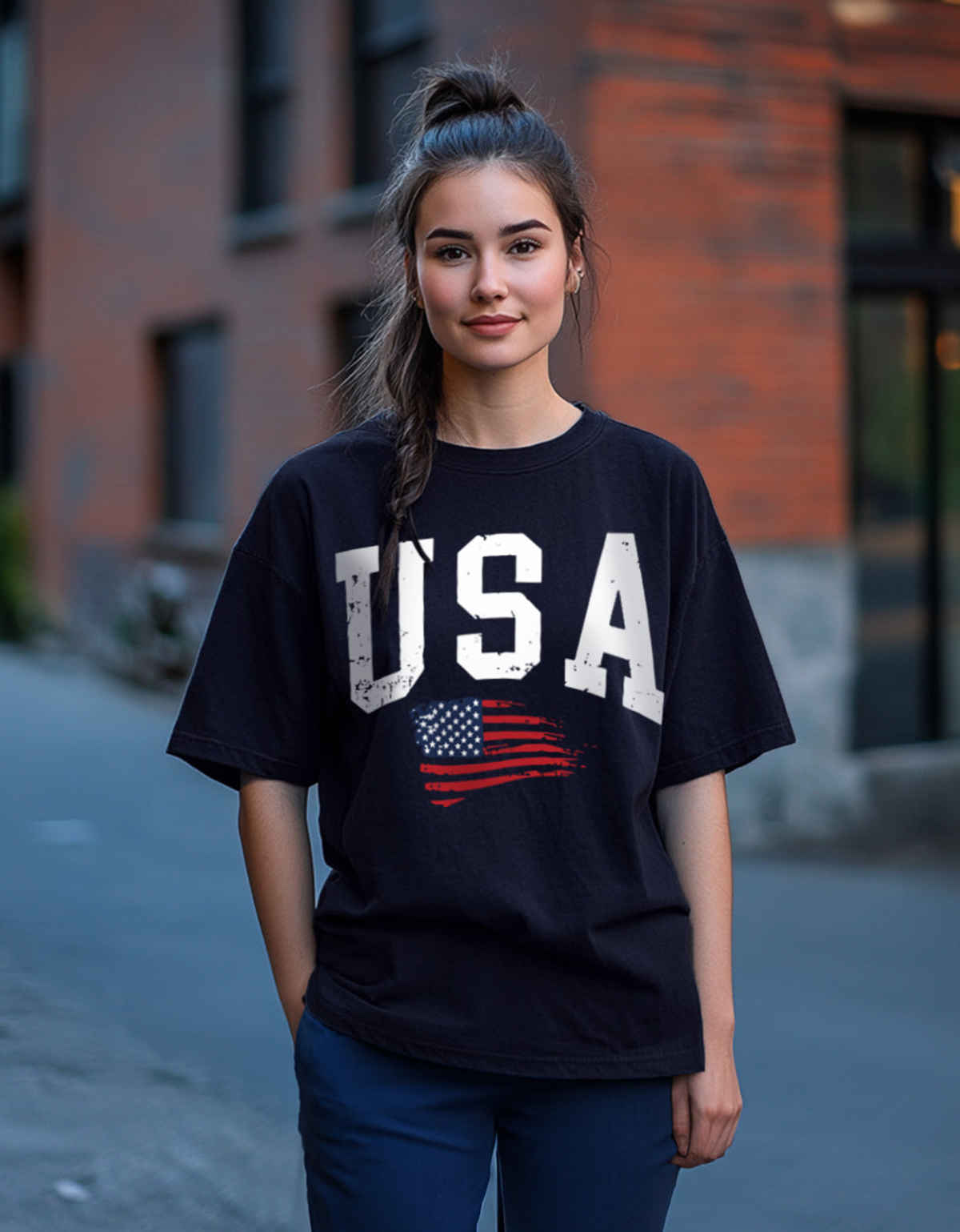 JUNEBERRY Women's Graphic Printed Oversized T Shirt | GL OS USA NVY L | Navy - L