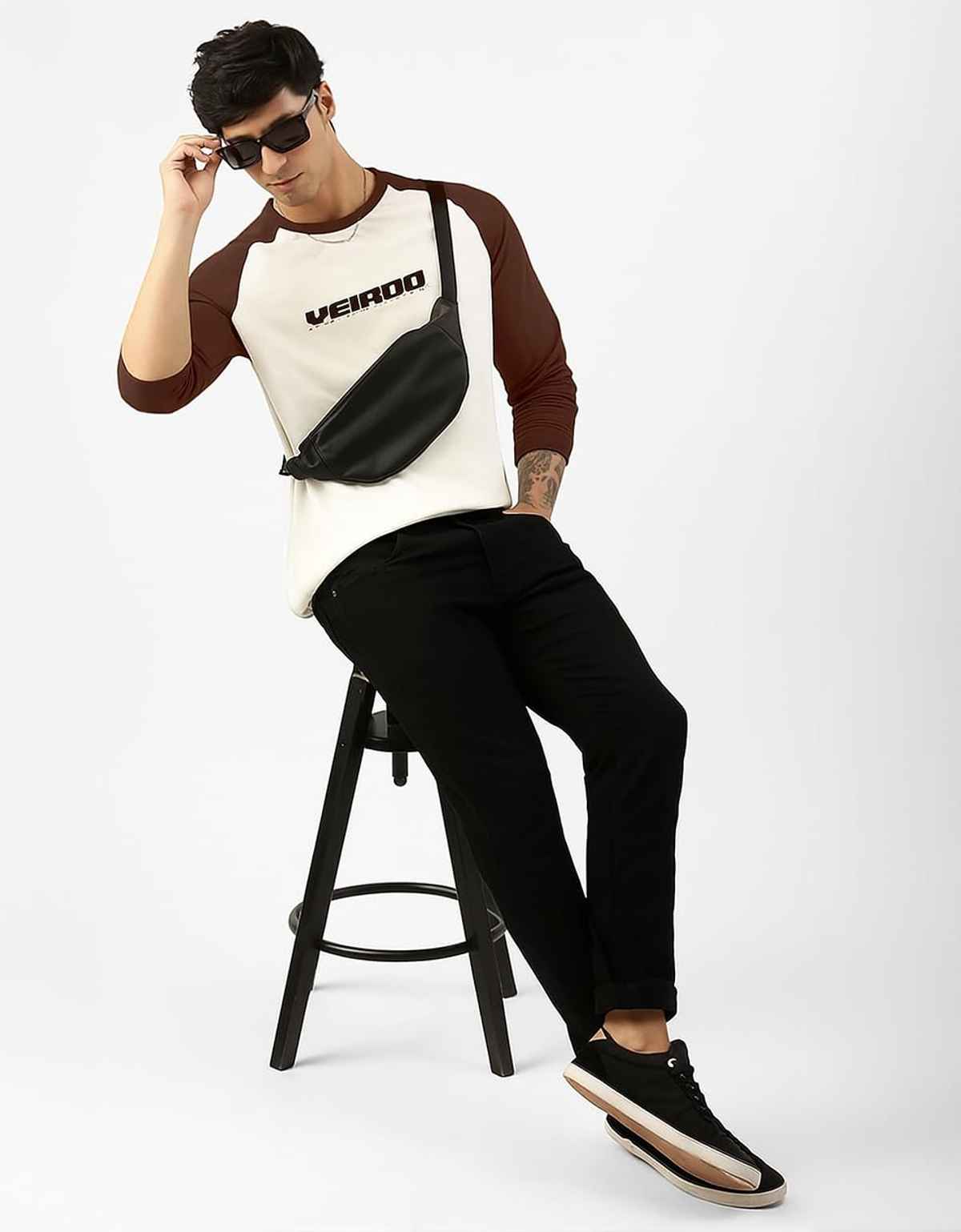 Veirdo Men's Raglan Full Sleeve Cotton Regular Fit T-Shirt | Brown - L