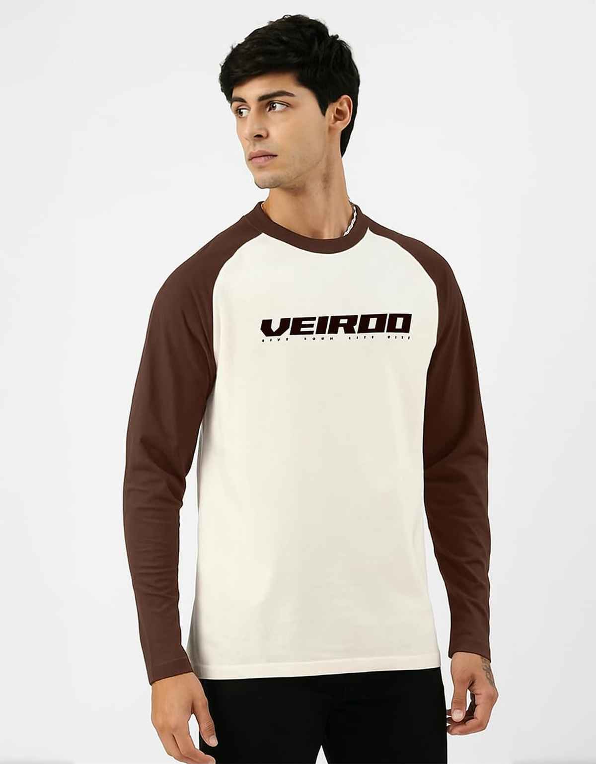 Veirdo Men's Raglan Full Sleeve Cotton Regular Fit T-Shirt | Brown - L