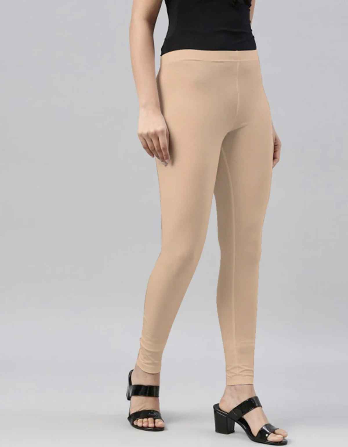Juneberry Women's Solid Cotton Lycra Ankle Length Leggings | Beige - L