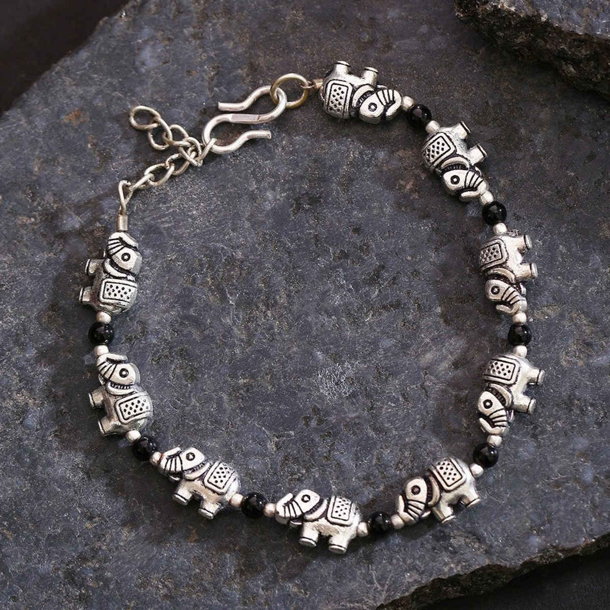 Priyaasi Antique Oxidised Silver-Toned Elephant Inspired Adjustable Chain Bracelet