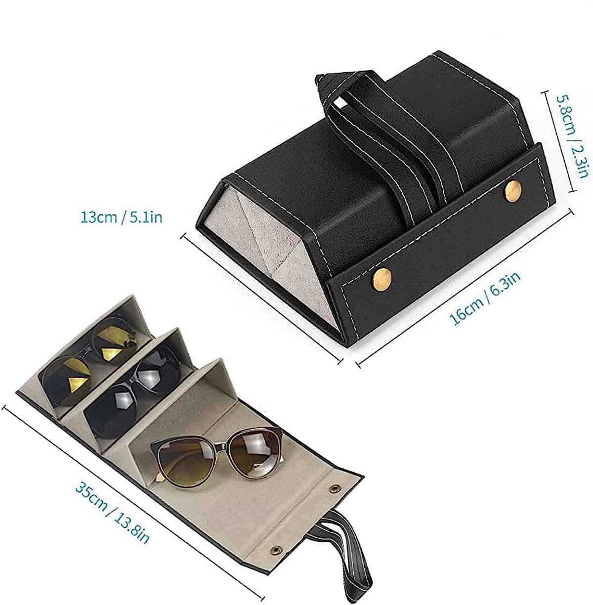 Awestuffs 3 Slots Foldable PU Leather Sunglasses Case | Hanging Eyeglasses Storage Box | Unisex