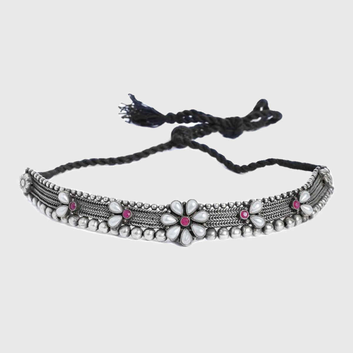 Rubans Oxidised Silver Plated Floral Design Pink Stone Studded Antique Choker Necklace