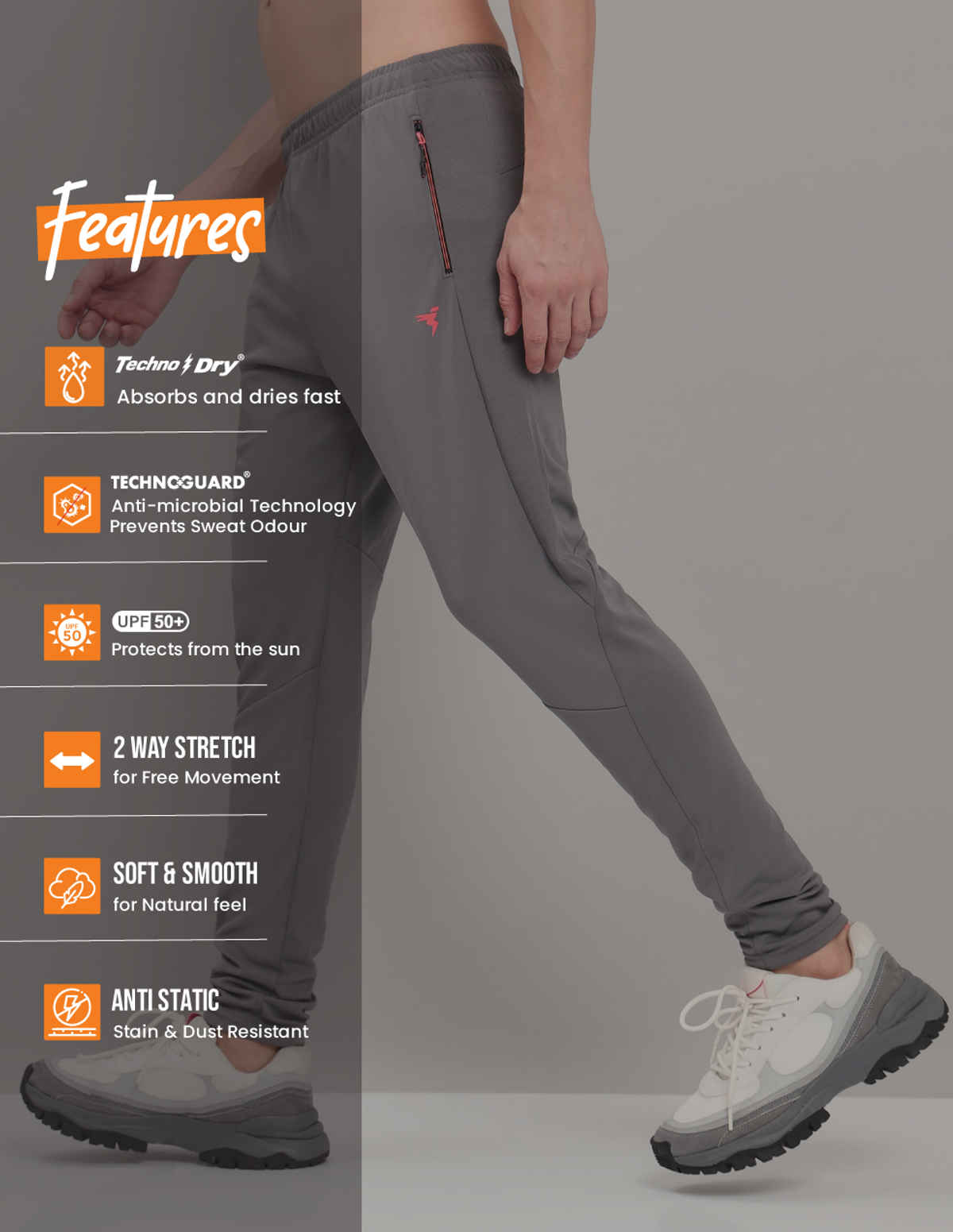 Technosport Men's Solid Slim Fit Sports Running Active Gym Trackpants | TECHNO DRY | Iron Grey - XL