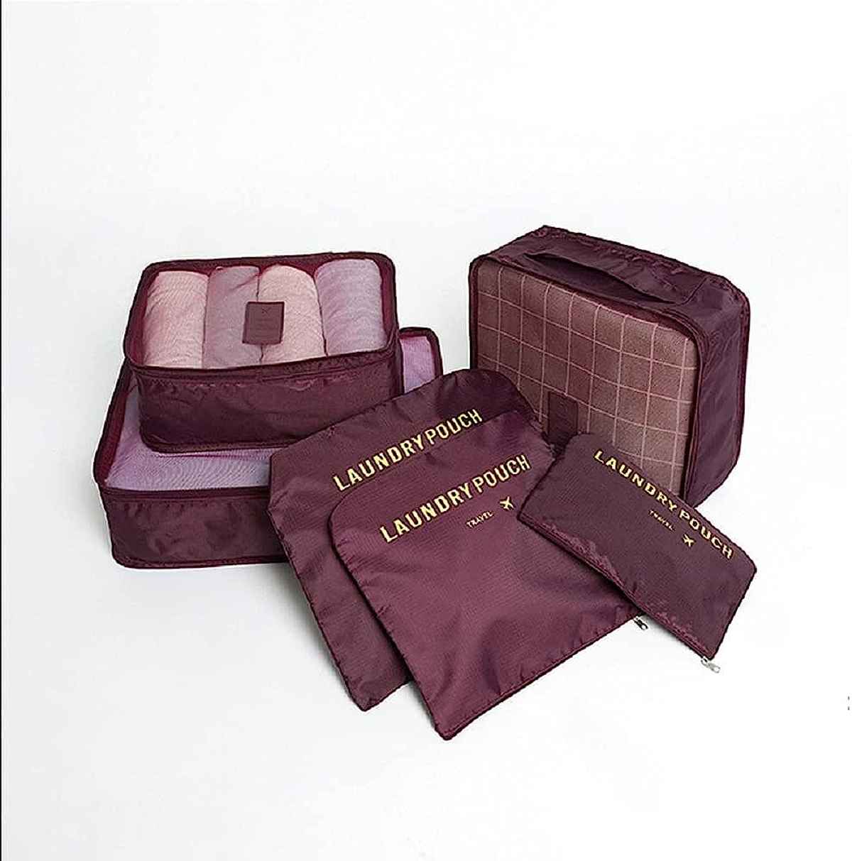 Awestuffs 6 pcs Luggage Compression Pouches, Laundry Bags and Digital Pouch | Maroon