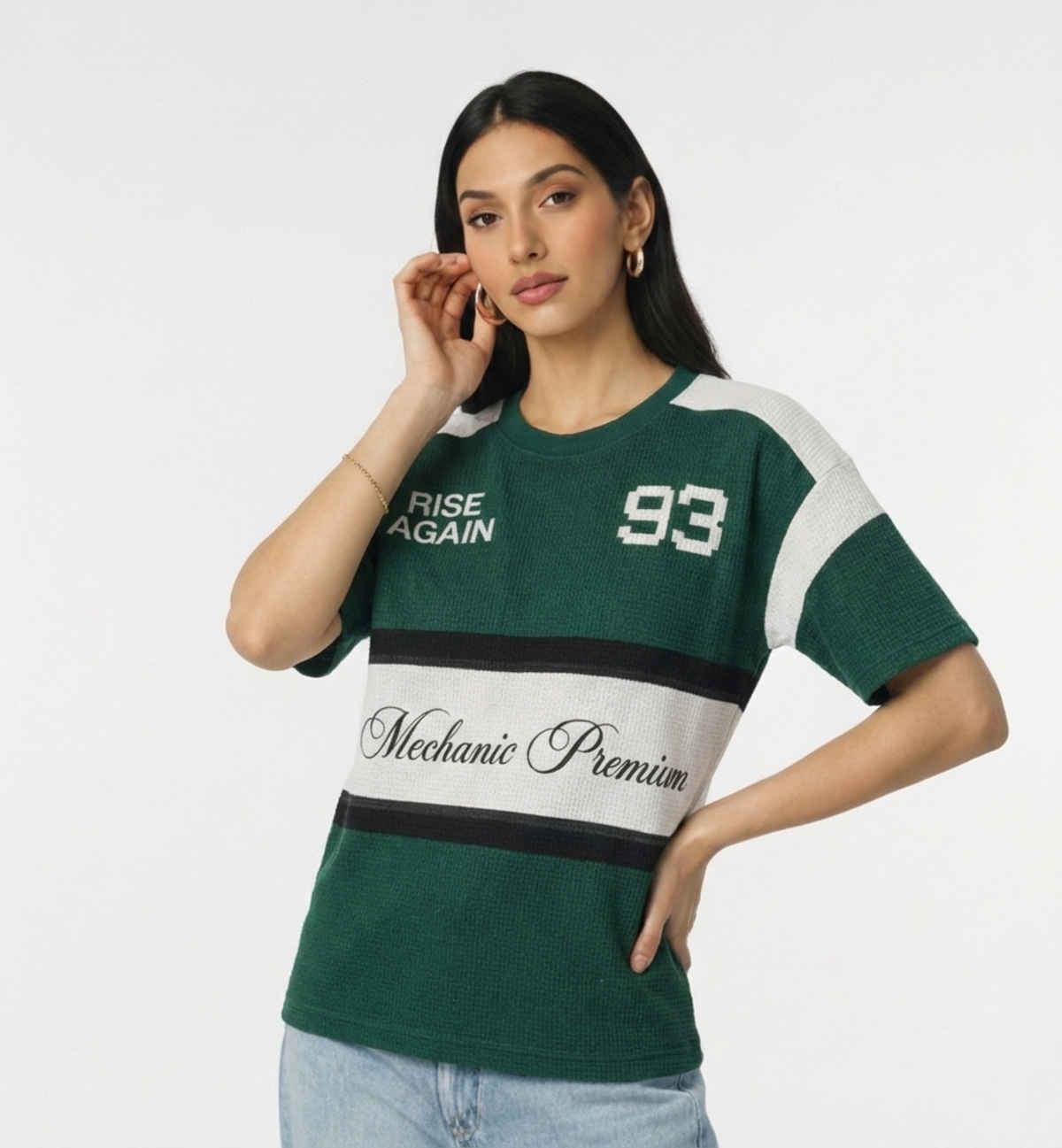Try This Women's HF Sleeve Block Print Round Neck Tshirt | Green & White | M