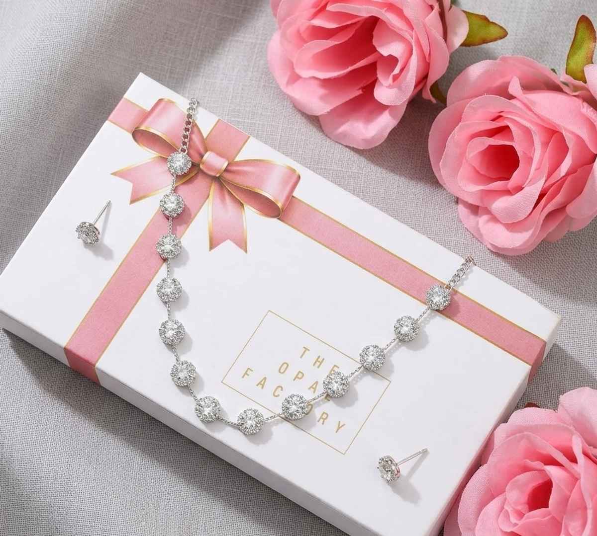 The Opal Factory Diamante Necklace Set with Roses Gift | Silver | Mothers Day