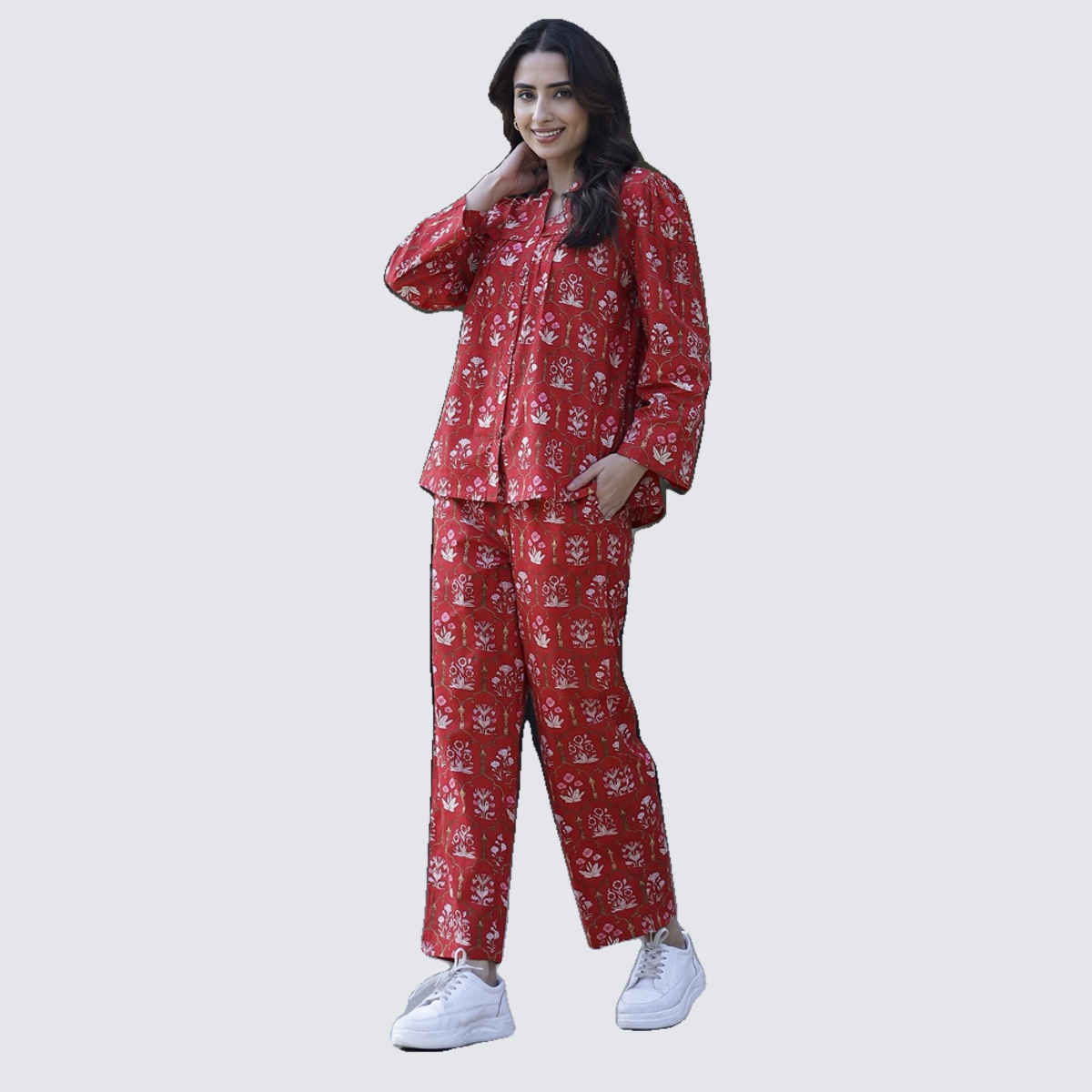 Sanskrutihomes Floral Printed Pure Cotton Co-Ords Set | Red - L