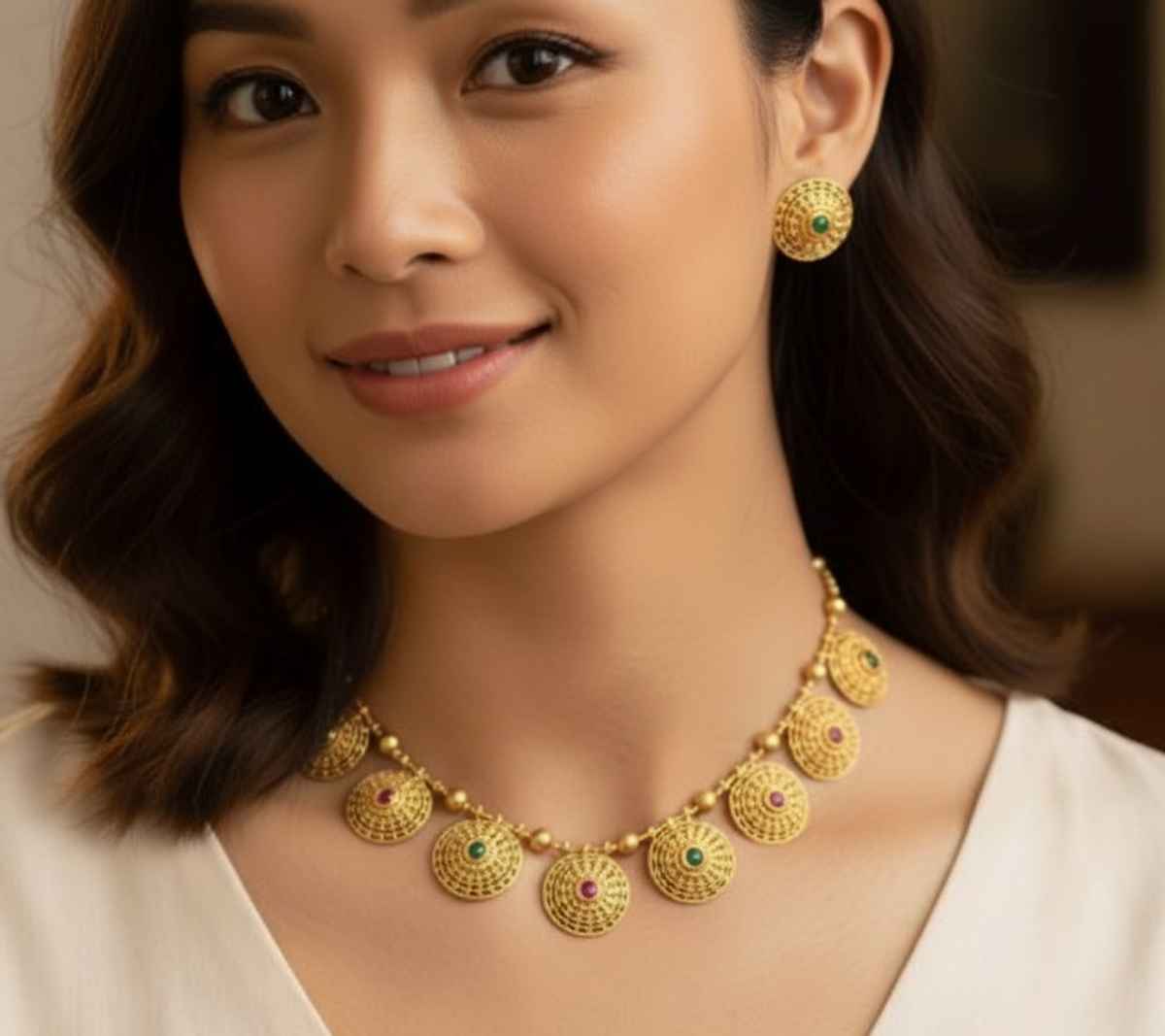 The Opal Factory Necklace Set Golden Round Intricate Filigree Motif & Stud Earrings in Golden Chain