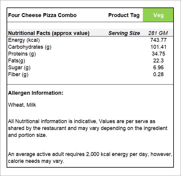 Four Cheese Pizza 1 pc Combo