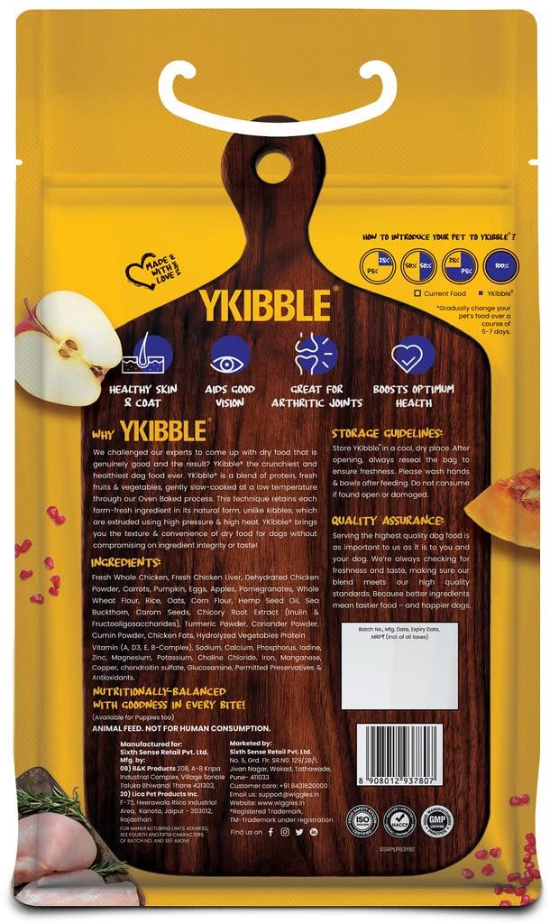 WIGGLES Ykibble Dog Food Adult Pet, Oven Baked Nutritionally Balanced Food - Chicken, Vegetables, Vitamins & Minerals