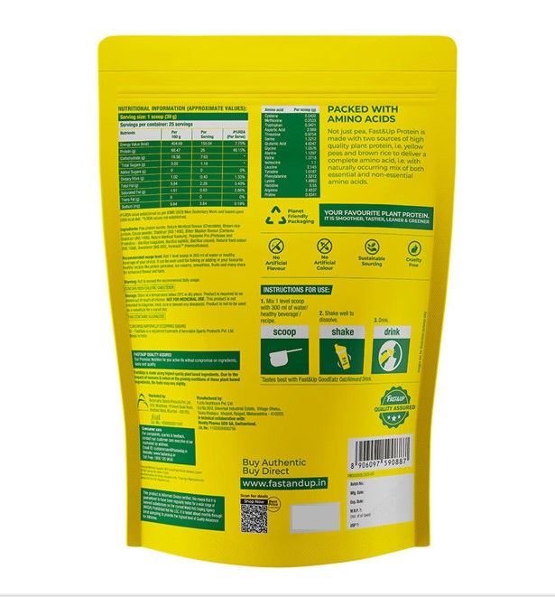 Fast&Up Plant Protein 100% Premium Quality 26 g Vegan Protein Rich Chocolate Flavour 25 Servers
